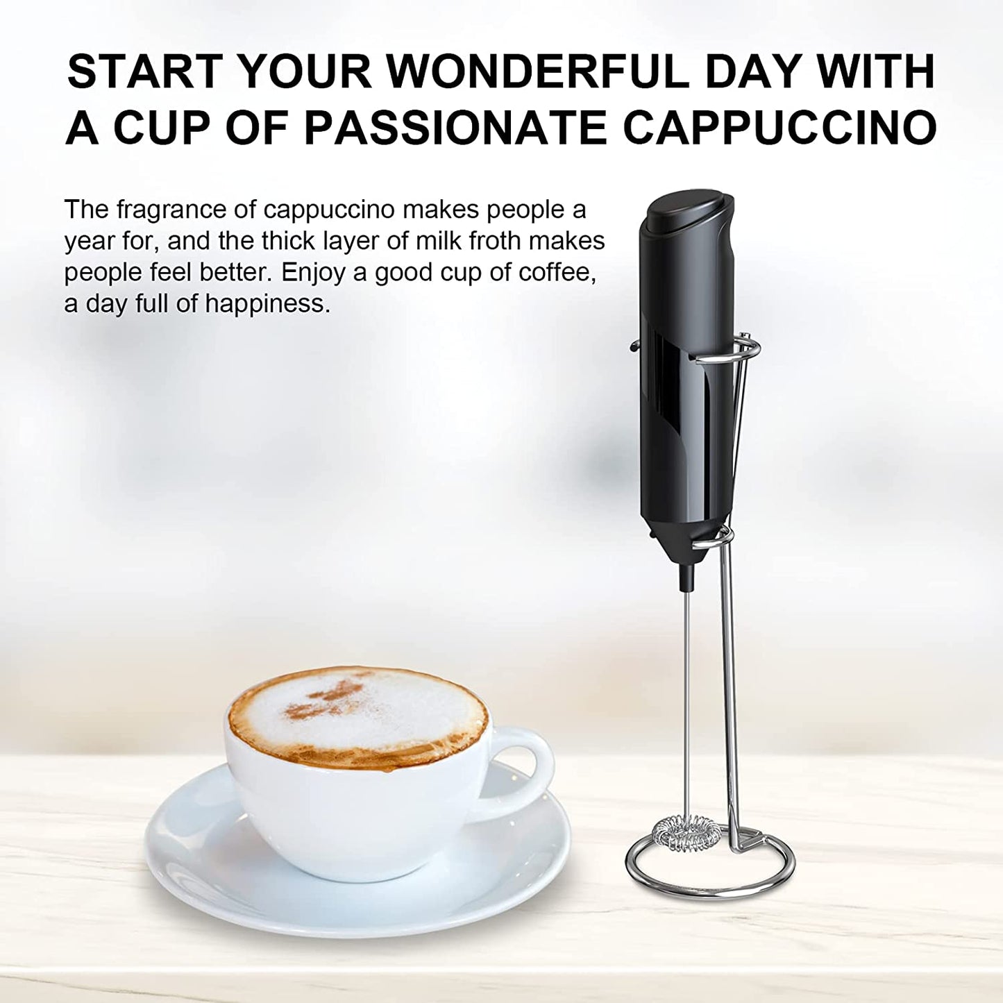 Electric Milk Frother Handheld with Stainless Steel Stand